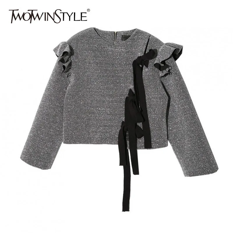 

TWOTWINSTYLE Ruffle Long Sleeve Women Sweatshirt Lace up Casual Pullover Tops Female Fashion Clothes Korean Big Size 2019 Spring