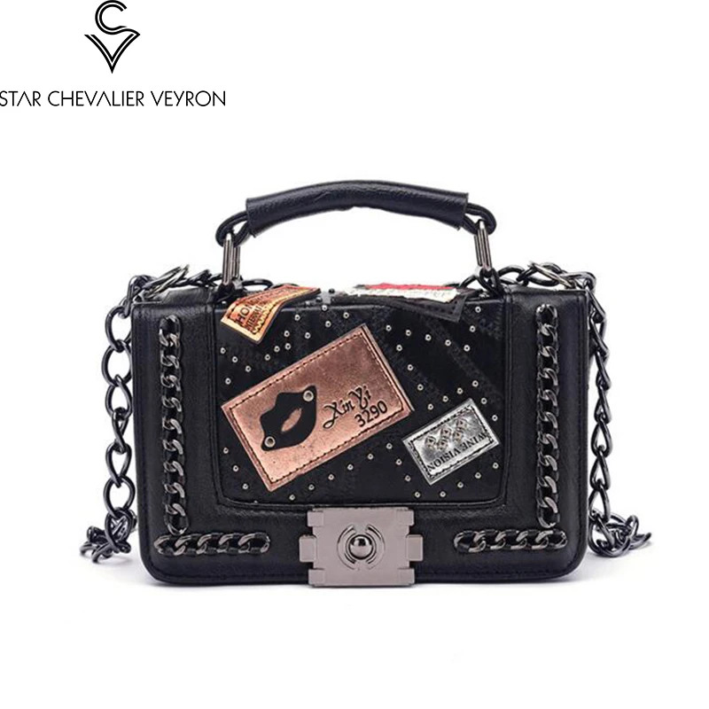 

2019 SCV 3 colors The new fashion trend badges chains decoration women handbags High quality pu leather women shoulder bags