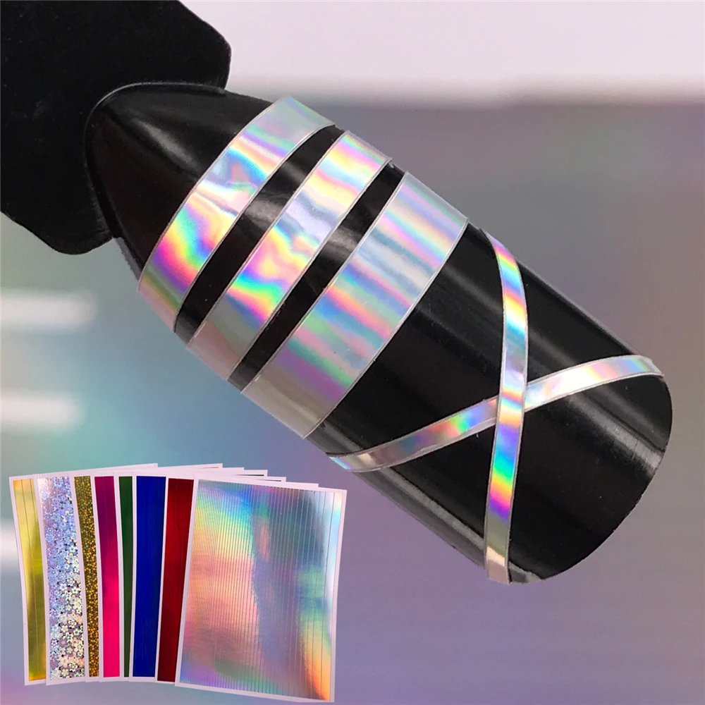 

8 Colors Shiny 3D Nails Stickers Straight line Chevron Laser Holographic Nail Striping Tape Decoration Gold Glitter Silver