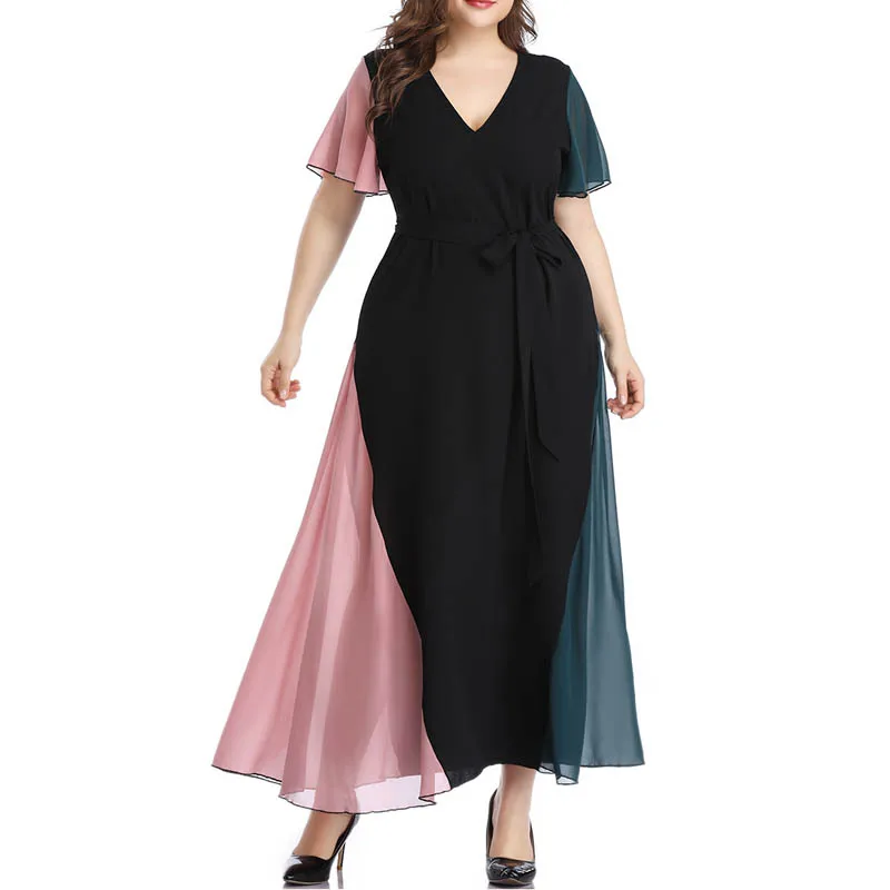 

Summer dress women plus size bust 140cm 5XL 6XL 7XL 8X 9XL V-neck dress women black color