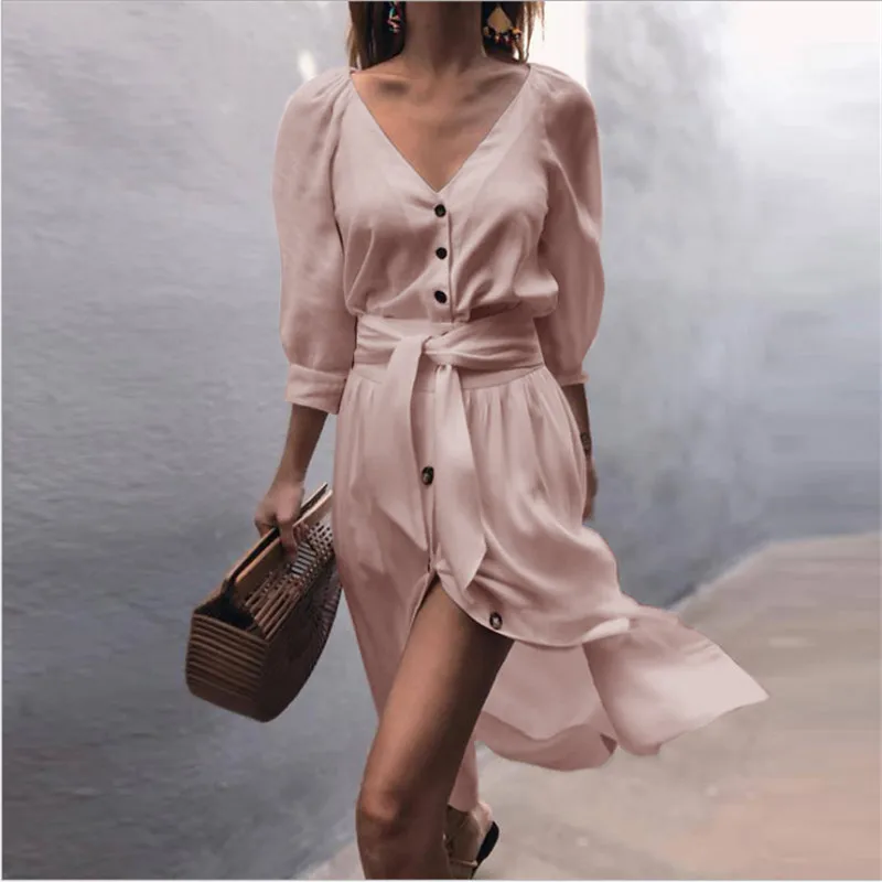 

bandage dress linen women autumn 2019 fashion v neck sexy midi vestidos off white pink beach party wrap dresses female
