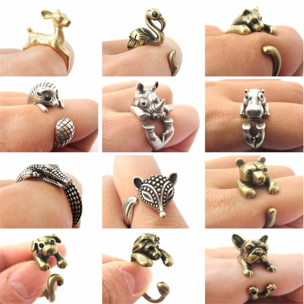 QIAMNI Cute Animal Cat Wolf Lion Rabbit Horse Dog Elephant Crocodile Fox Dinosaur Ring Women Men Birthday Jewelry Pet Lover Gift
