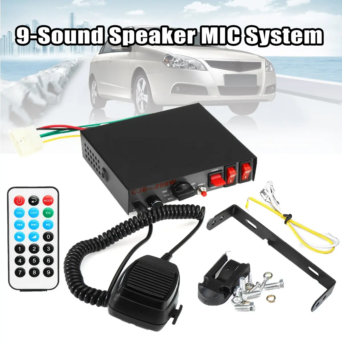 

12V 200W 9-Sound Speaker MIC System Loud Car Truck Warning For Police Alarm Horn Ultra-thin PA Speaker For All Special Vehicles
