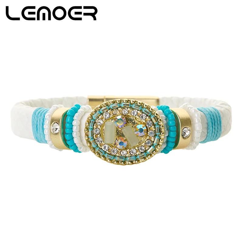 

LEMOER Boho Crystal Rhinestone Bead Charm Bracelets & Bangles for Women Men Magnetic Buckle Leather Bracelet Pulseira Mujer 2019