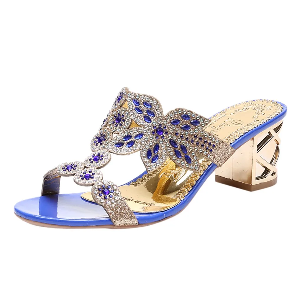 Женские сандалии в богемном стиле с толстыми кристаллами; сандалии в римском стиле; повседневная обувь с открытым носком; сандалии богемного стиля на квадратном каблуке; женские босоножки - Цвет: Синий