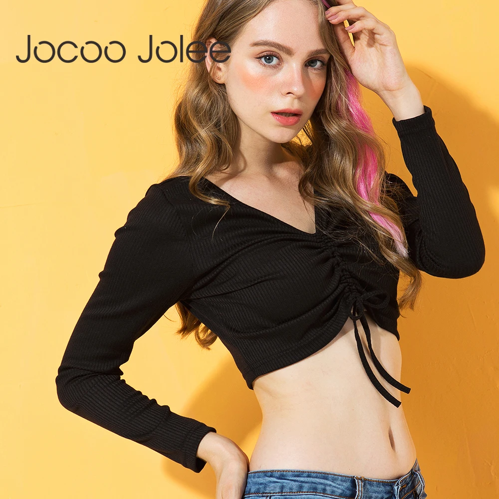 Jocoo Jolee 2018 тонкая женская блузка с V образным вырезом и длинным рукавом кулиской