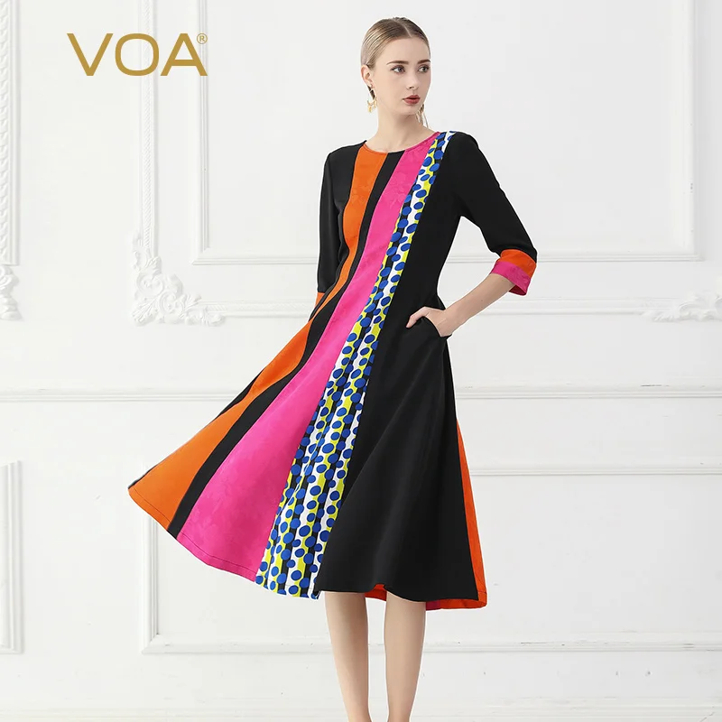 VOA Heavy Silk Dresses Women Vintage Ethnic Dress Autumn Multicolor Slim Large Size Harajuku Casual Elegant vestido A999 Dresses