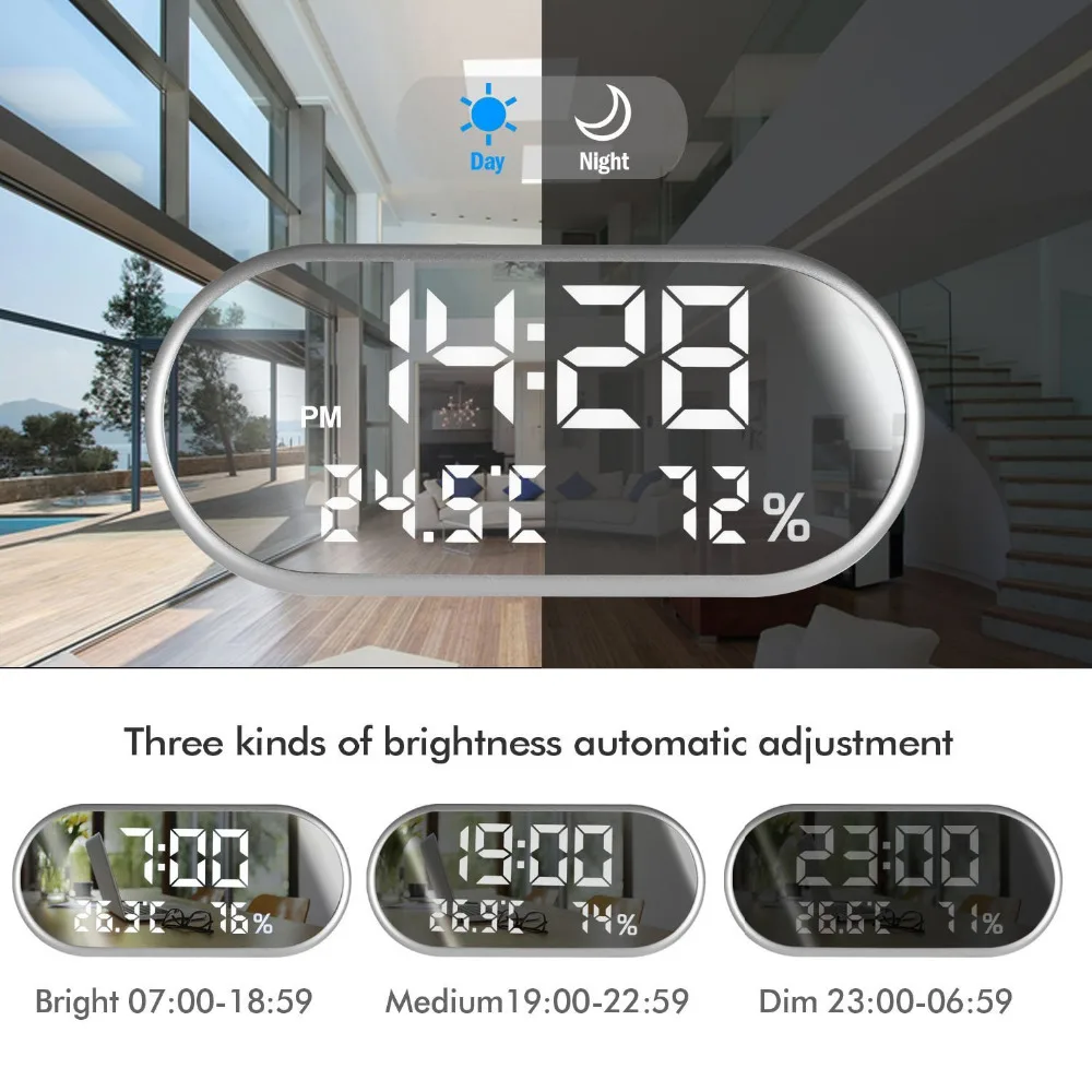 

New Digital Alarm Clock Portable Mirror HD LED Display with Time/Humidity/Temperature/Display Function USB Port Charging