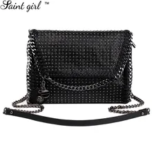 Saint Girl Ladies Shoulder Bag Handbag Messenger Satchels Metal Chain Casual Black PU Rivet Bag With Skull Metal SNS065