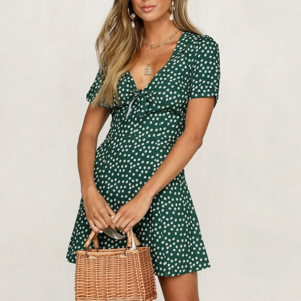 Sexy Summer Polka Dot Boho Dress Women V-Neck Short Sleeve Mini Dress Front Bow Beach Dress Robe