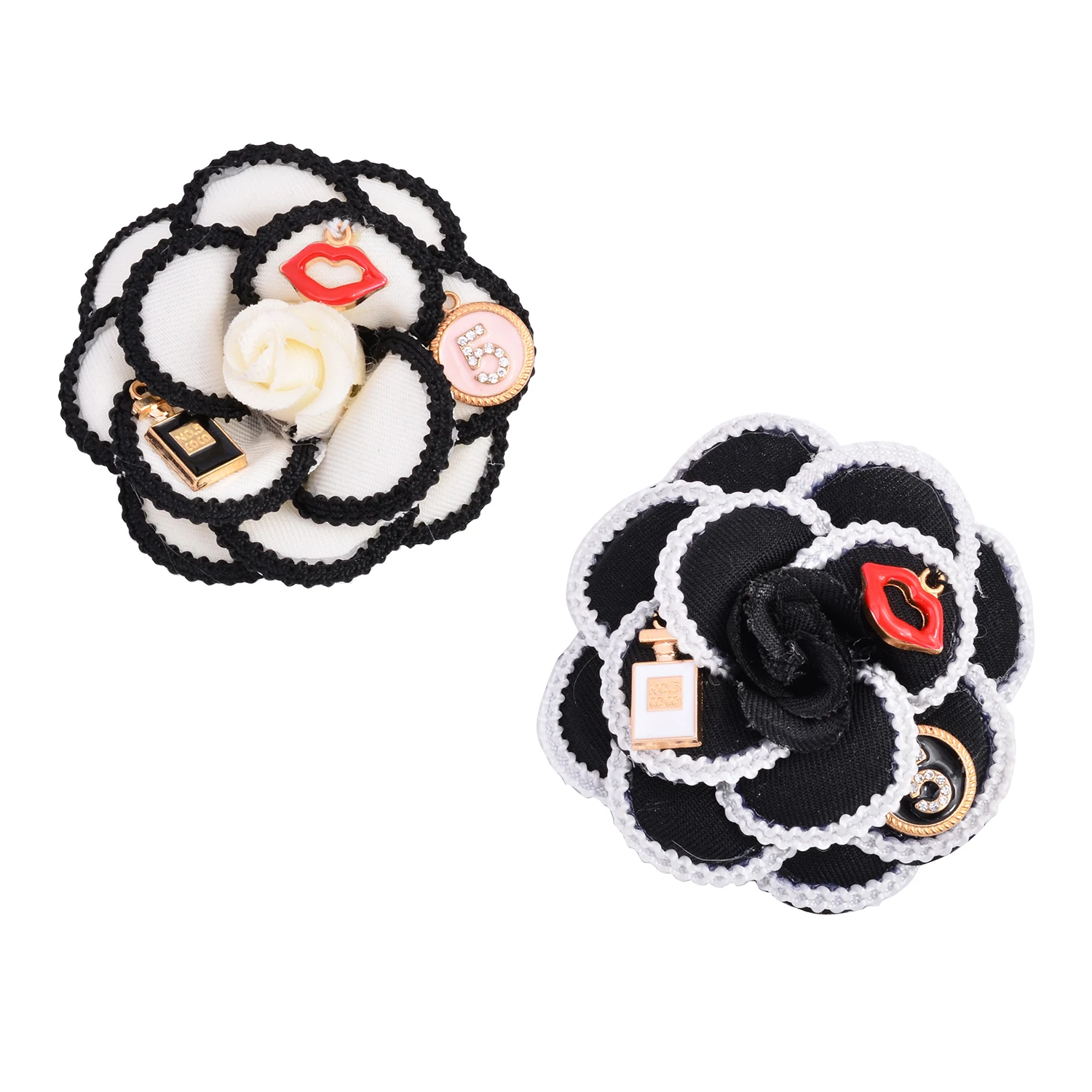 Women Handmade Charm Big Black White Cloth Camellia Flower Pin Brooch with Red Lip Perfume No5 Suit Cardigan Sweater Collar | Украшения и
