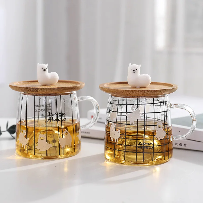 

Cute 3D alpaca glass mug with bamboo lid,Heat-resistant glass mugs Morning Mug Milk Coffee Tea Breakfast Cup for gifts