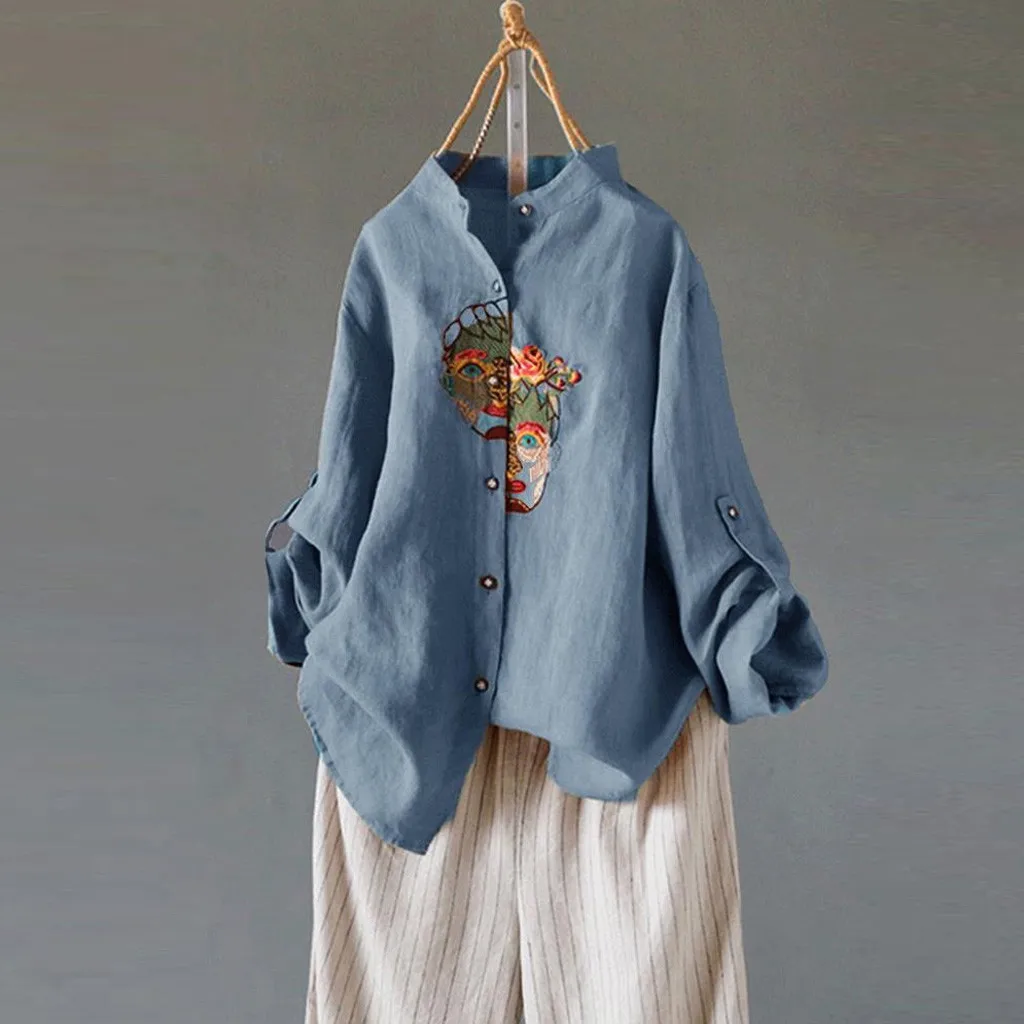 Women Shirt New Fashion 2019 Cotton and Linen Plus Size Vintage Embroidery Portrait Casual Blouse Tops L529