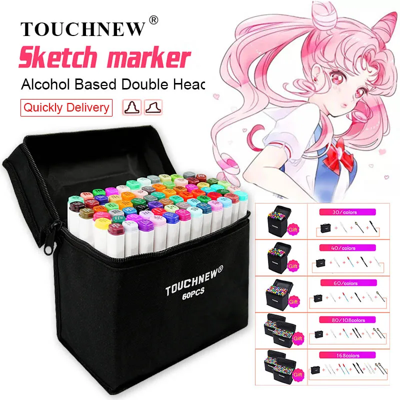 

TOUCHNEW 12/30/60/80/108/168 Colors Art Markers Brush Pen Alcohol Based Manga Drawing Markers Dual Head Pens Art Supplies