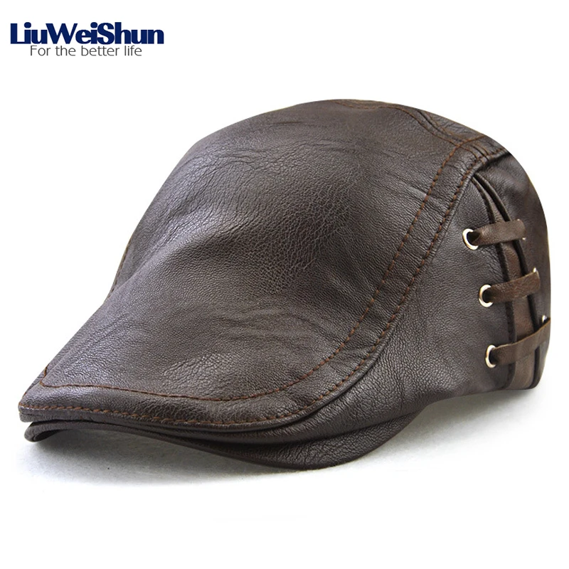 PU Leather Visor Hat Quality Fashion Side Perforated Strap Leather Cap