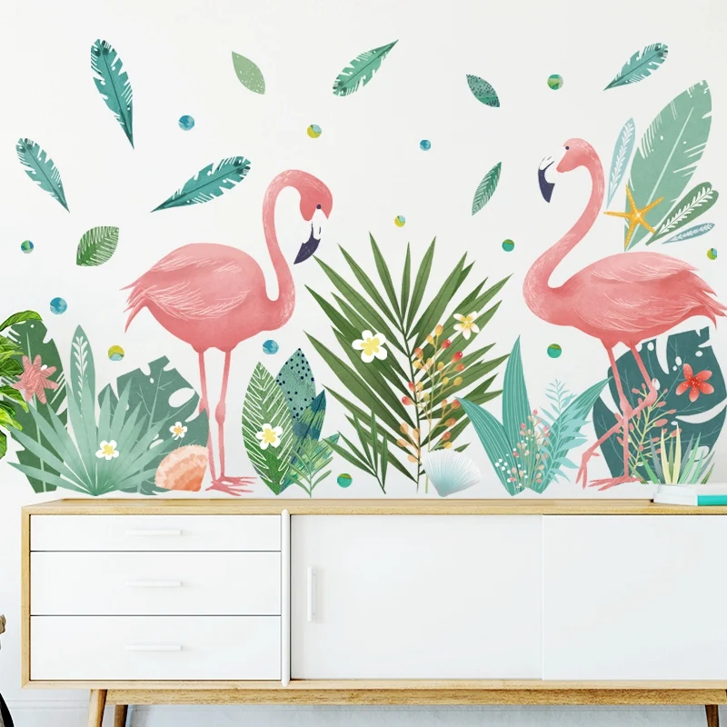 Наклейки на стену в скандинавском стиле с изображением фламинго, пары зеленых листьев, для гостиной, спальни, детской комнаты, домашний декор, виниловые наклейки на стены, художественные фрески