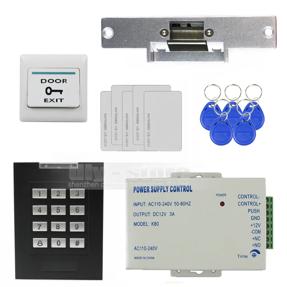 DIYSECUR RFID 125KHz Keypad Access Control Security System Kit + Electric Strike Door Lock + ID