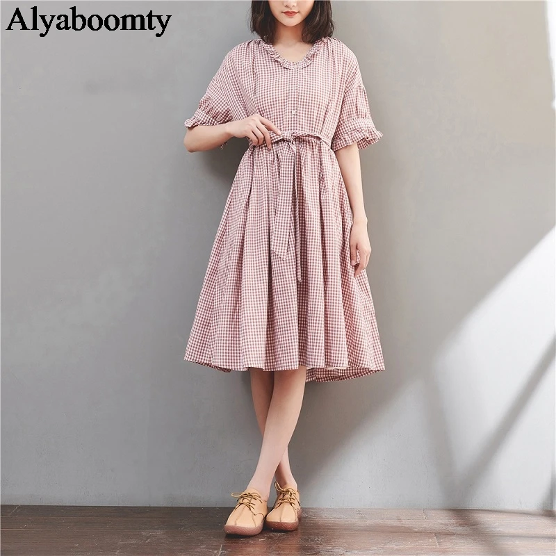 

Japanese Mori Girl Summer Women Loose Dress Oversized Casual Sashes Vintage Vestidos Cotton Linen Elegant Sweet Plaid Dress