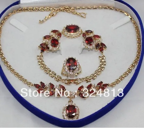 

Mother's gift true red ruby yellow gold Earring Bracelet Necklace Ring +box
