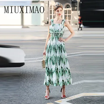 

2018 Spring & Summer Europe Fashion New Arrival Latest Square Collar Sleeveless A-Line Print Ankle-Length Long Dress Women
