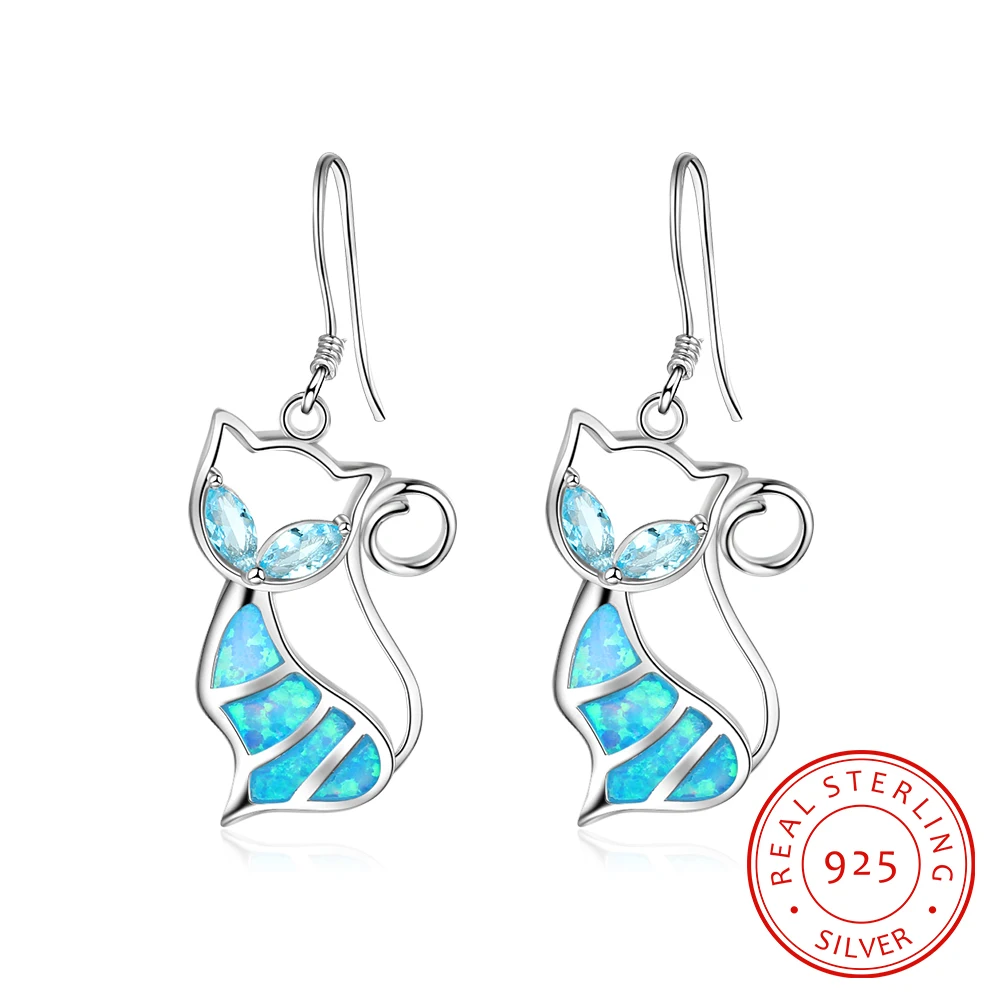 

Lovely Blue Cat Fire Opal Women Fashion 925 Sterling Silver Opal Earrings