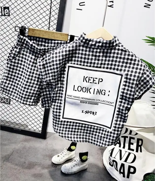 

Fashion Baby Boys Clothes Set short sleeve shirt Plaid Suit For Boys Children Clothing Cotton Costume For Kids Suits