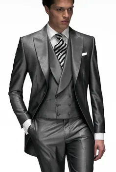 Najtaniej Styl Jednego Przycisku Grey Groom Smokingi Groomsmen Męska Prom Garnitury ślubne Oblubieniec (kurtka + Spodnie + Kamizelka + Krawat) K: 604