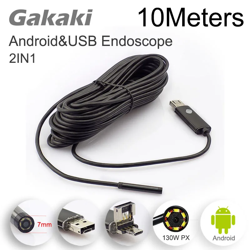 

Gakaki 2in1 7mm Lens Android USB Endoscope Borescope Camera 10M Cable OTG USB Snake Tube Inspection Endoscopio Camera Waterproof