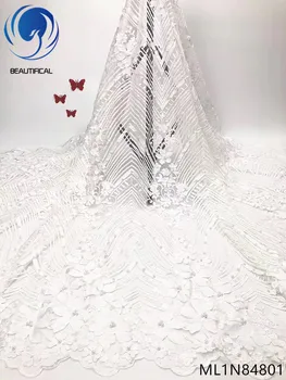 

BEAUTIFICAL Nigerian lace fabrics 2019 New 3d Laser cut jacquard fabric tulle lace embroidery beads and sequins for dess ML1N848