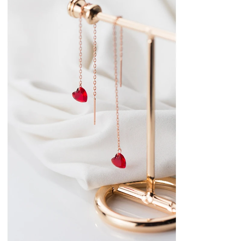 MloveAcc, серебряные серьги-капли с красным сердцем из натуральной 925 пробы для женщин, серьги с длинной цепочкой в форме сердца, ювелирные изделия из стерлингового серебра