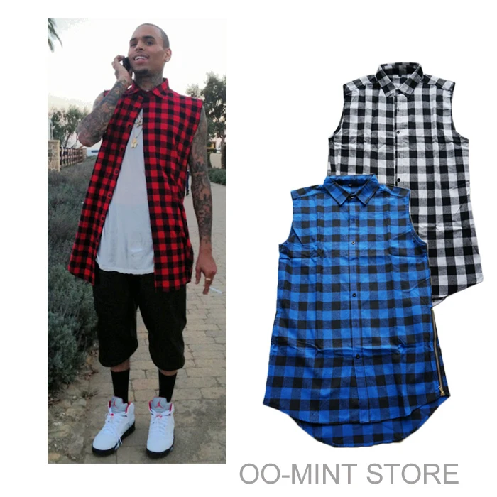 new casual Mens Summer Style Tyga Swag Hip Hip Hiphop Top Tees T Shirts Red Black Blue Plaid Side zipper Urban Clothing Clothes