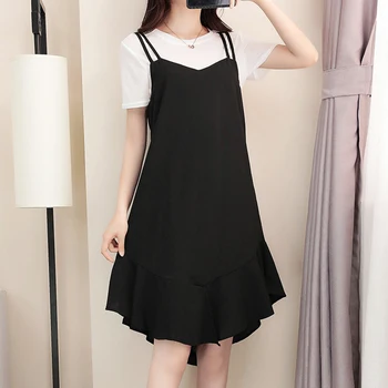 

Summer Women Solid Color Sling Knee-Length Loose Dress