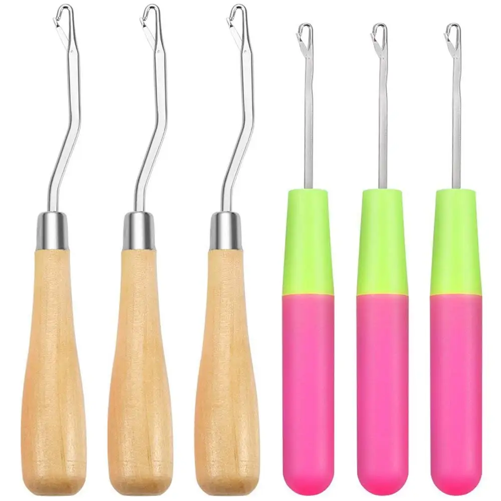 

6 Pcs Latch Crochet Needle Hooks, Hair Extension Needle for Micro-Braids Dreads Maintenance, Carpet Making - 3pcs Wooden Bent