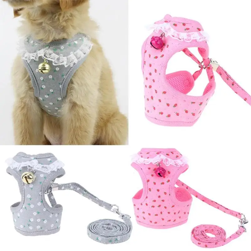 

Breathable Dog Harness Polyester Vest Strawberry Flower Printed Pet Chest Strap Protective Tie Leash Pet Supplie