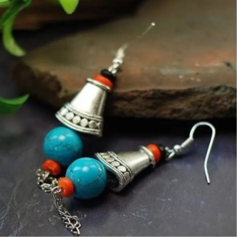 Качественные каменные бусы тибетское серебро маленькая колокольня Красивая оригинальная ретро-богемный стиль серьги этнические ювелирные изделия