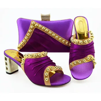

Special Design Purple Color Rhinestone Woman Shoes And Matching Bag Set Italian Style Pumps Shoes And Bag Set For Party Wedding