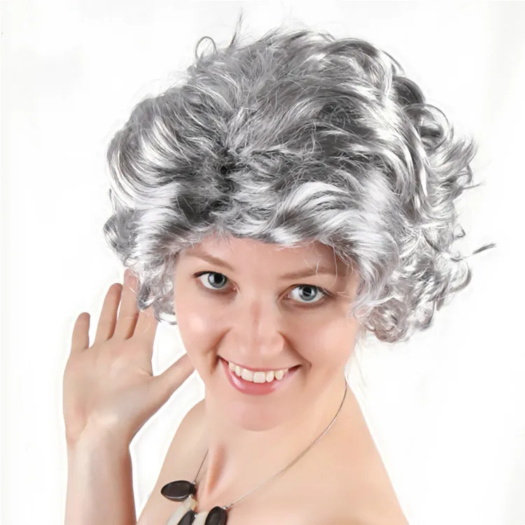 

Mother Hair Silver Gray Short Curls Cosplay Hair Old Man or Woman COS Hair Short Hair Masquerade Headwear Accessories
