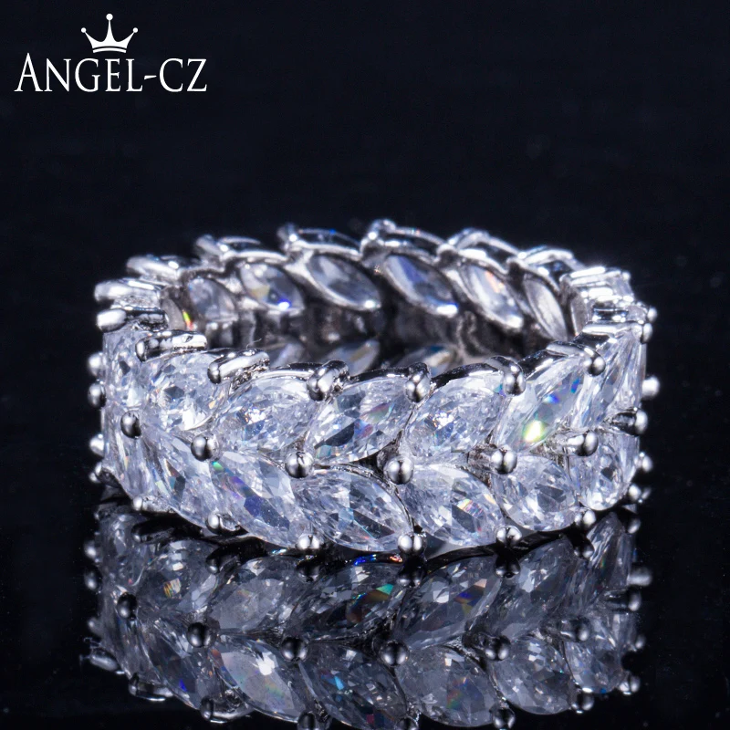 

ANGELCZ Brand Elegant Crystal Ring Composed Of Two Rows Leaf Cubic Zirconia Silver Color Luxury Party Jewelry For Women AR034