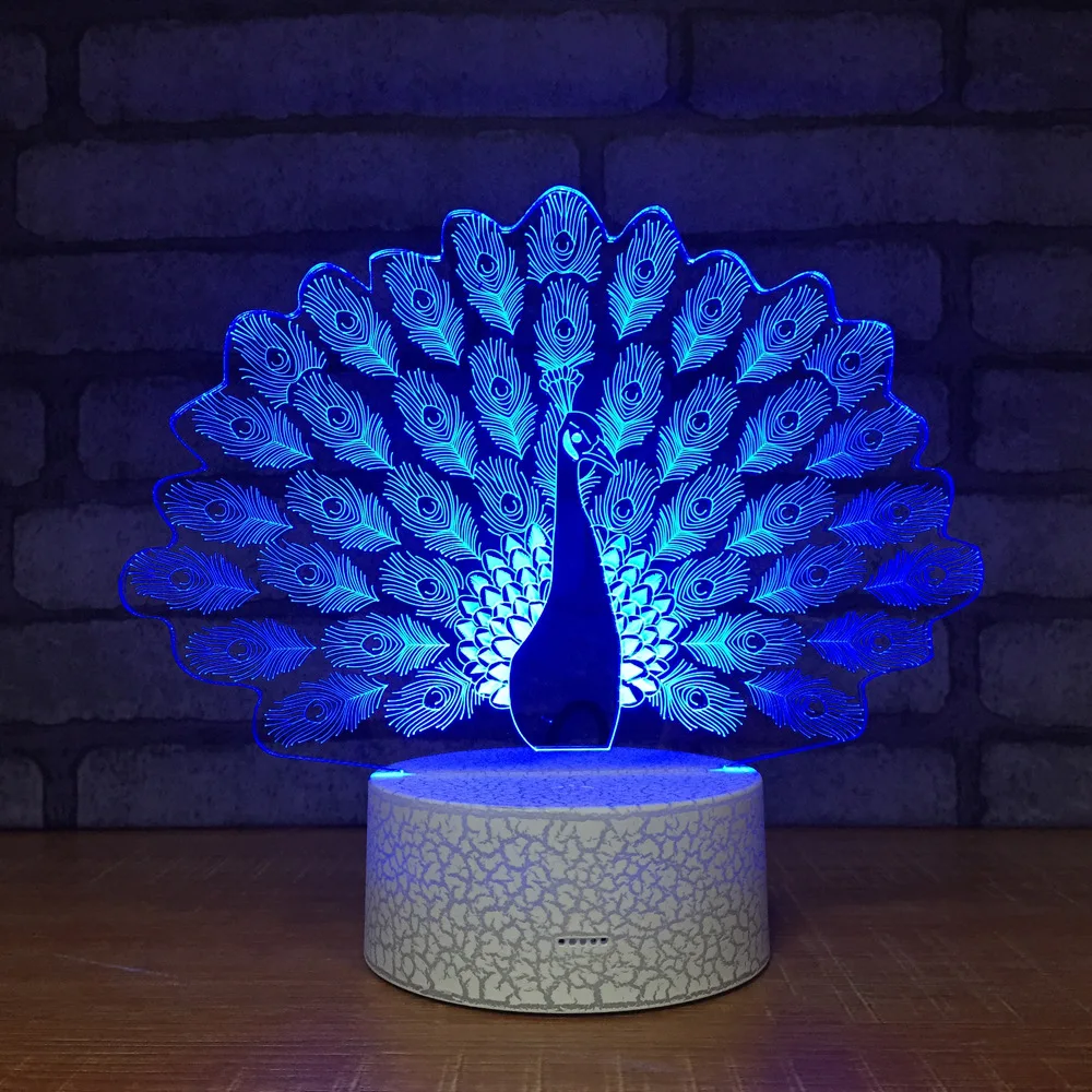 Peacock Night Light Lamp 3D LED Lamp 7 Colorful Table Lamp For Kids Christmas Gift White Base with Touch Switch / Remote