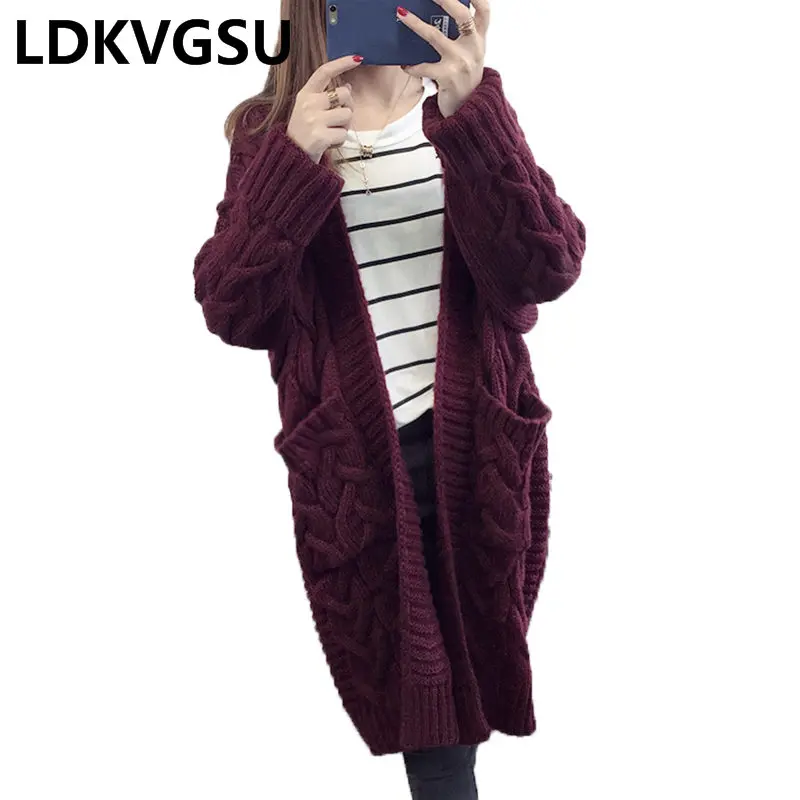 2018 Autumn Winter New Women's Korean Twist V-neck Knit Cardigan Loose Large Size Big Pocket Long Female Sweater Jacket Is1435 |