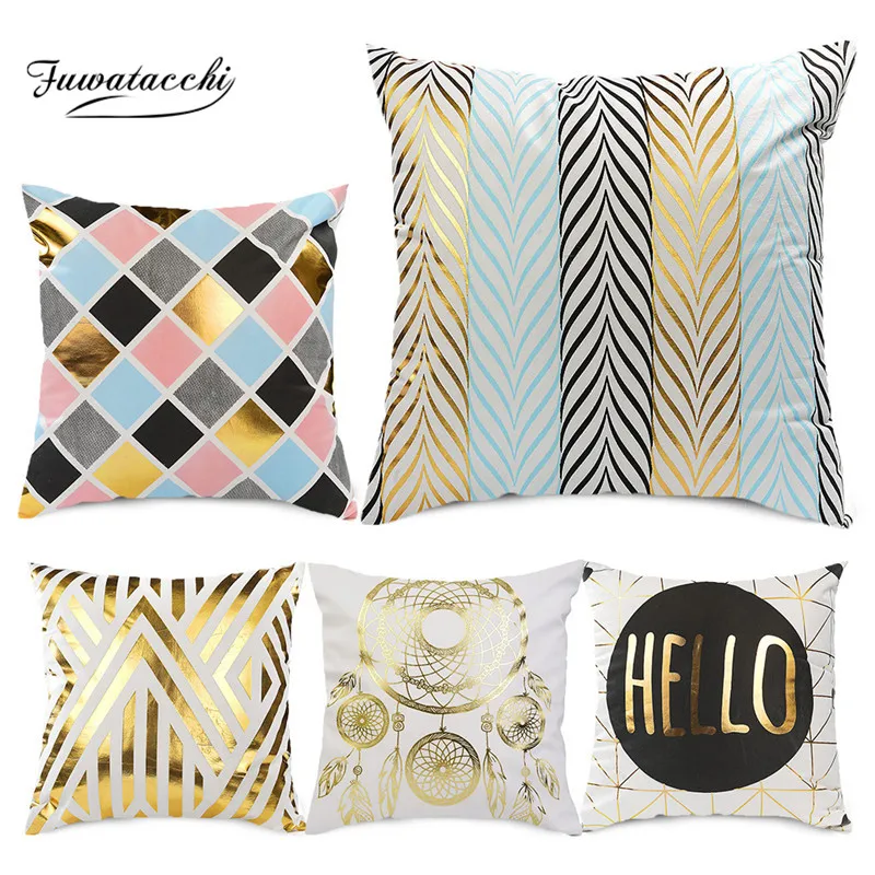 

Fuwatacchi Gold Stamping Geometric Cushion Covers Stripe Gold Silver Pillow Cover Leaf Pillow Cover for Home Decoration 2019