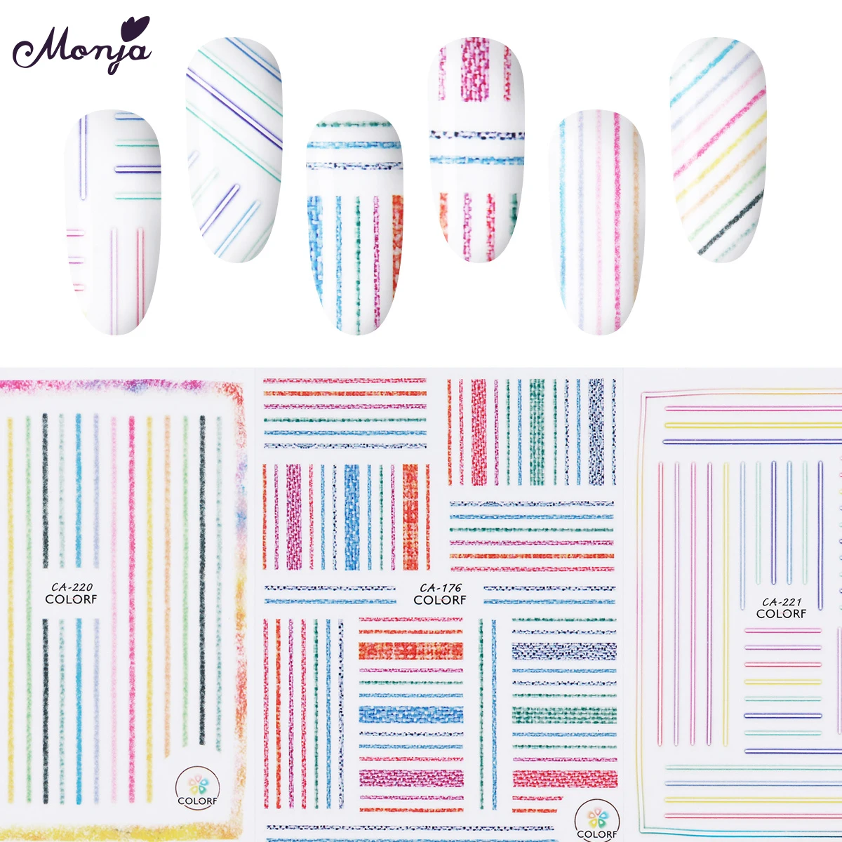 

Monja 3 Styles Cloth Pattern Nail Art Line Strip Tape Self-adhesive Stickers Colorful 3D DIY Decals Manicure Decoration