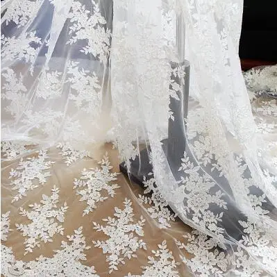 

5yards off white alencon Lace Fabric, vintage cord embroidered tulle lace fabric with sequins, bridal wedding decoration