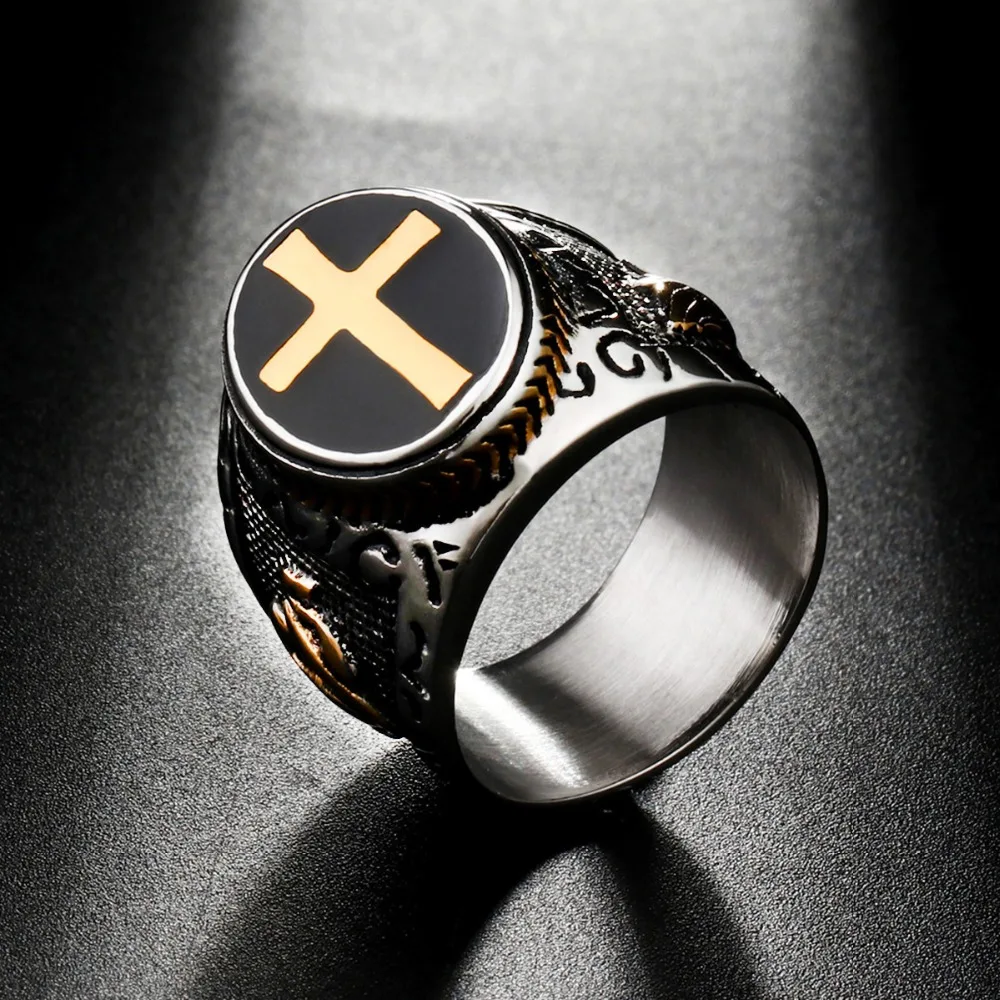 Religious Male's Ring Gold+Silver+Black Vintage Anillo Stainless Steel
