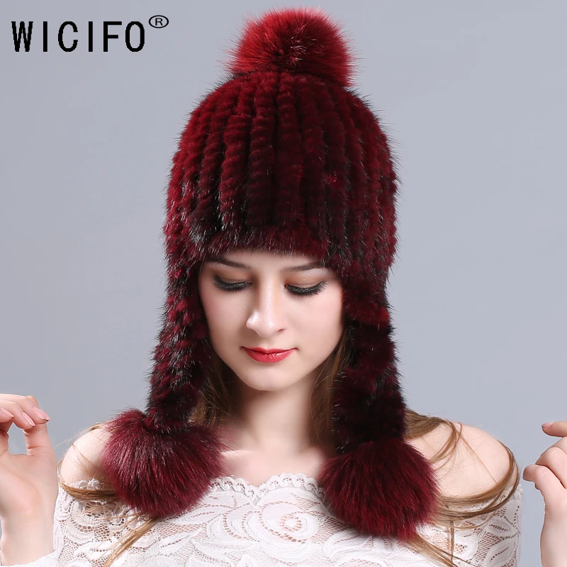 

2019 Wucifo Genuine Mink Fur Hats with 3 Fox Fur Balls 100% Real Mink Fur Bomber Hats Women Warm Fashion Fur Caps Ear Protector