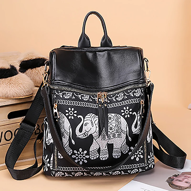 

Elephant Printing Oxford Womens Backpack Women National Style Travel Backpacks Fashion Waterproof Breathable Lady Bookbag Summer