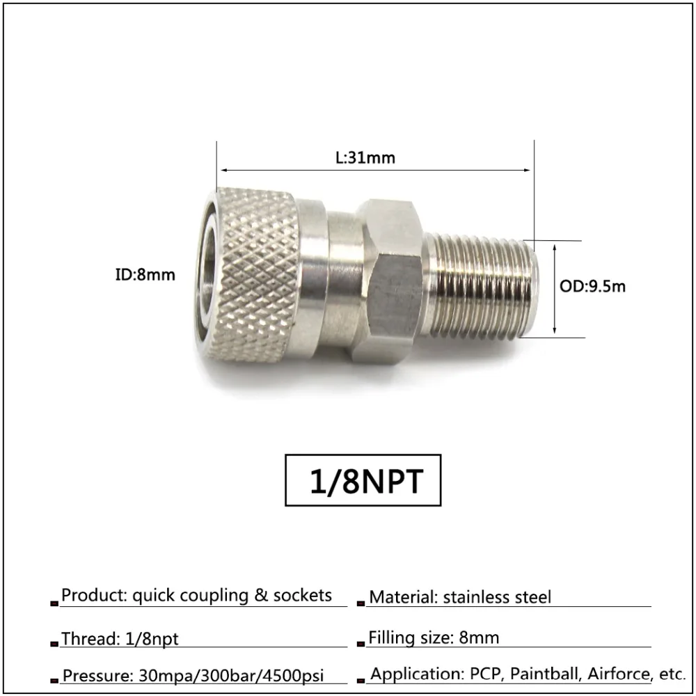PCP Airforce Пейнтбол 1/8NPT 1/8 BSPP Мужской быстроразъемный 8 мм из нержавеющей стали для