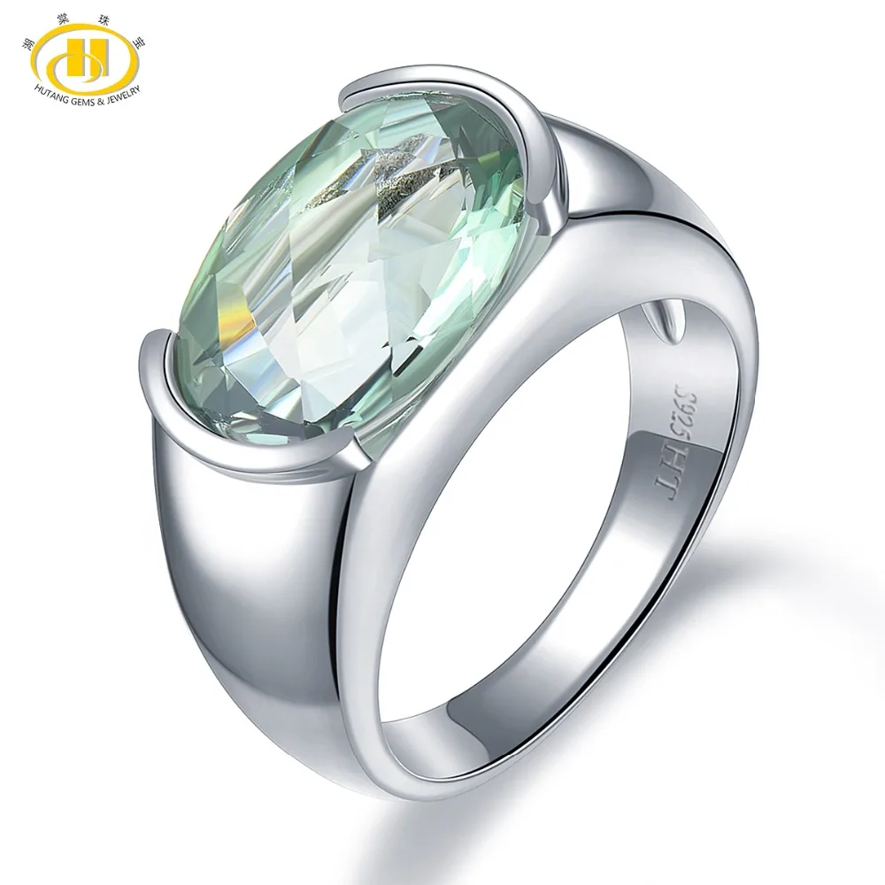 

Hutang 14x10mm Natural Green Amethyst Wedding Rings 925 Sterling Silver Gemstone Ring Fine Elegant Jewlry for Women Gift New