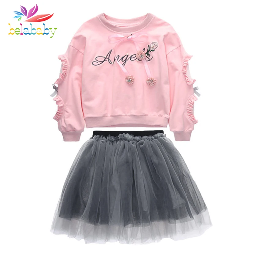 

Belababy Spring Baby Clothing Sets 2018 Girls New Embroidered Letter Pearl Hollow Frill Lace Sleeves Shirts+Princess Skirt Suit