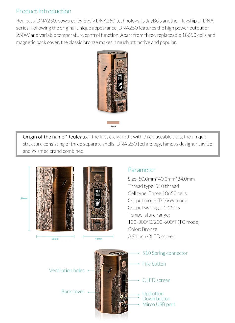 Большая распродажа Wismec рел DNA 250 коробка мод Evolv DNA250 250 Вт Выходная мощность TC/VW режим электронная сигарета